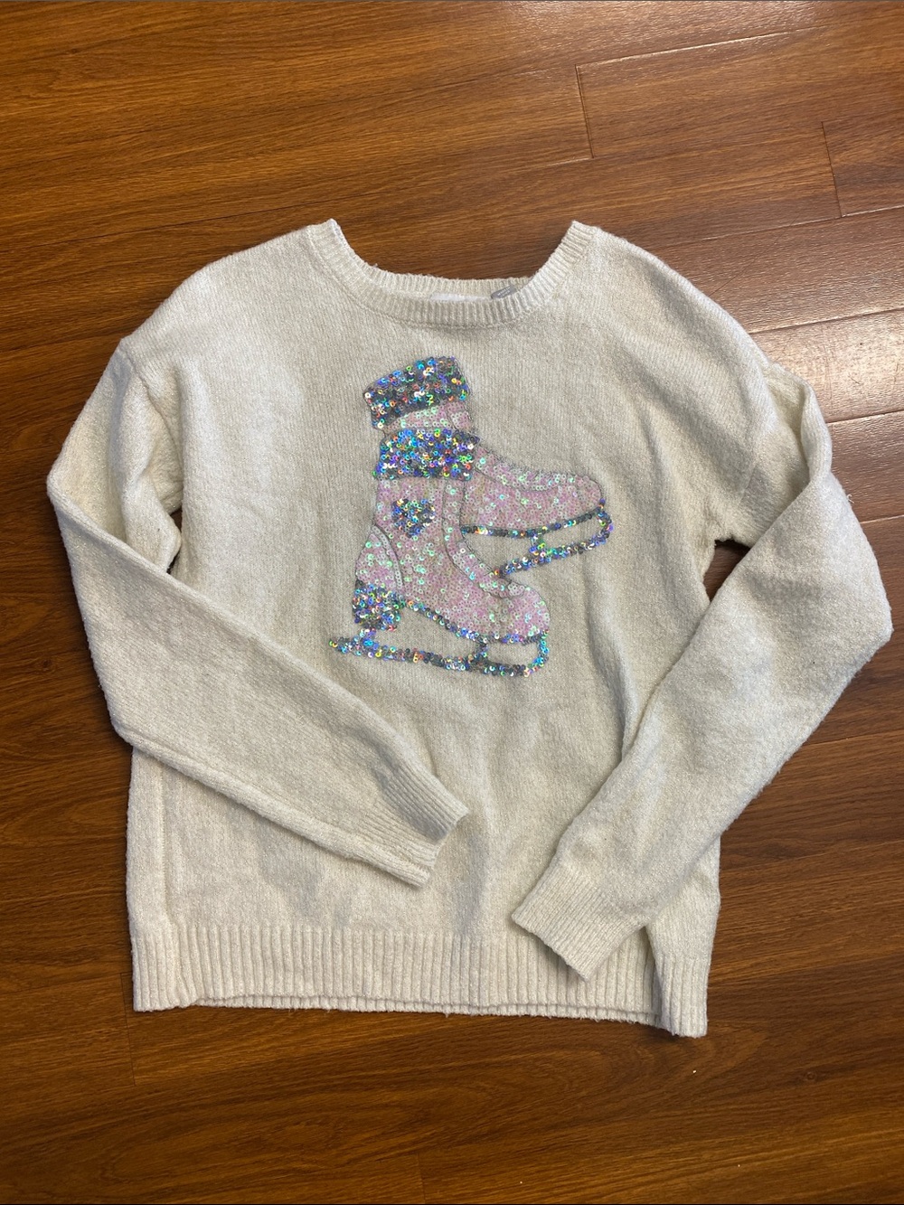 The Children's Place Cream Sweater with Pink Sequin Ice Skate Motif